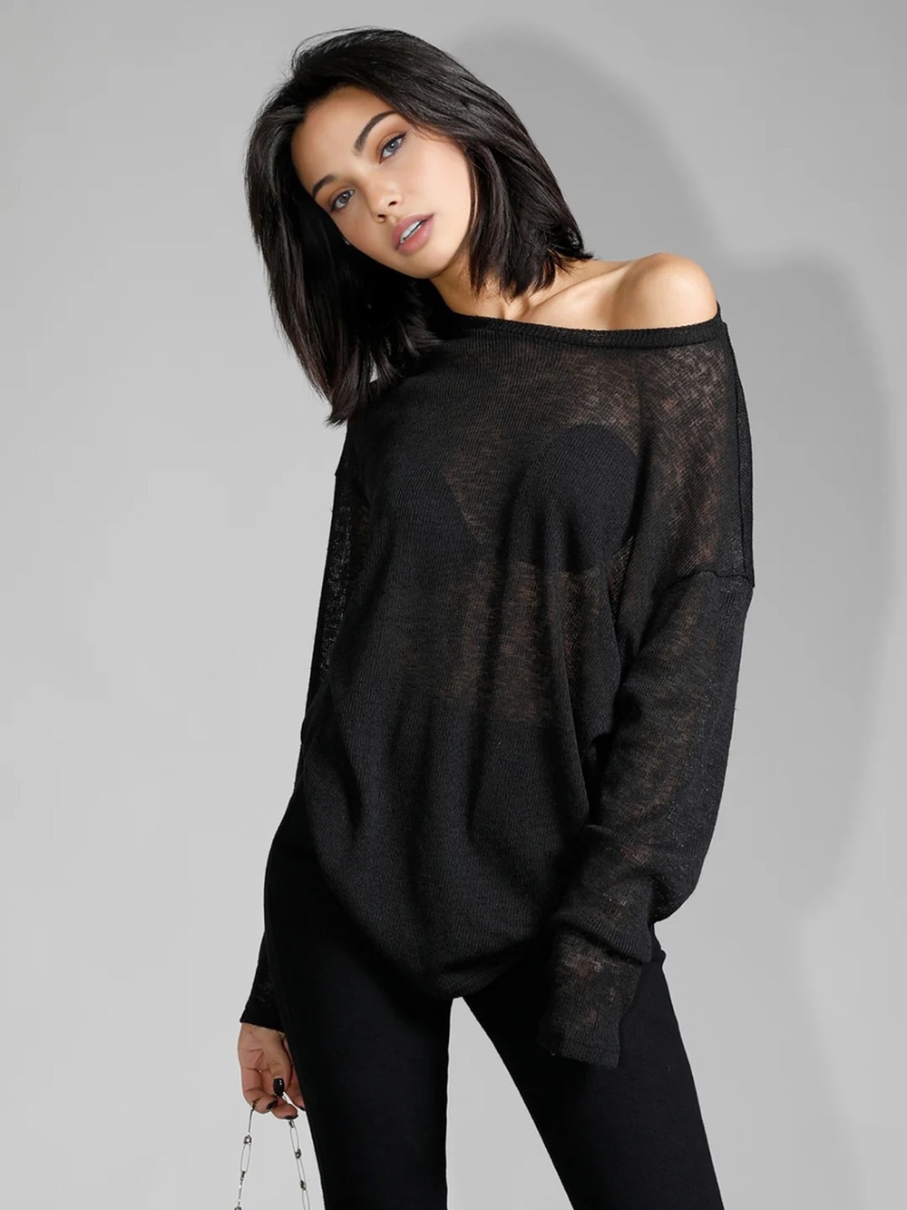 Commense Solid Black Sheer Off-Shoulder tunic top